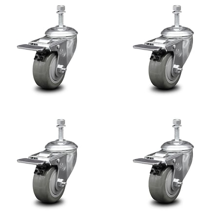 Service Caster 3.5 Inch Gray Polyurethane Swivel 10mm Stem Caster Set with Total Lock Brake SCC-TSTTL20S3514-PPUB-M1015-4